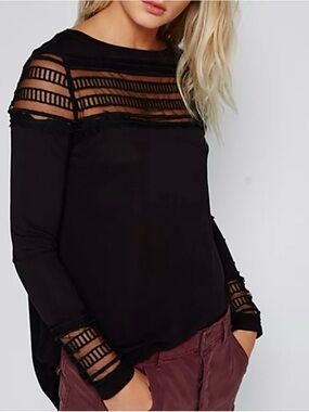 Free People Roxie Tee Black Long-Sleeve with Sheer detail Size Small